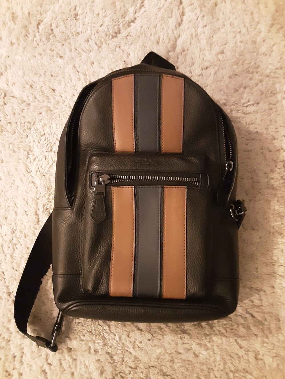 Coach Black Leather Sling Backpack with Brown and Dark Gray Stripes - Picture 1 of 8